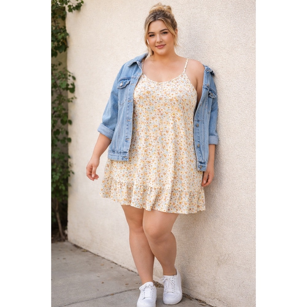 Wallflower Floral Mini‎ Sundress Yellow Blue Daisy Ruffle Hem XL Sleeveless